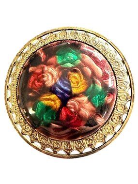 Vintage Reverse Carved Lucite Brooch Gold Tone Floral Pin 1950s New Old Stock